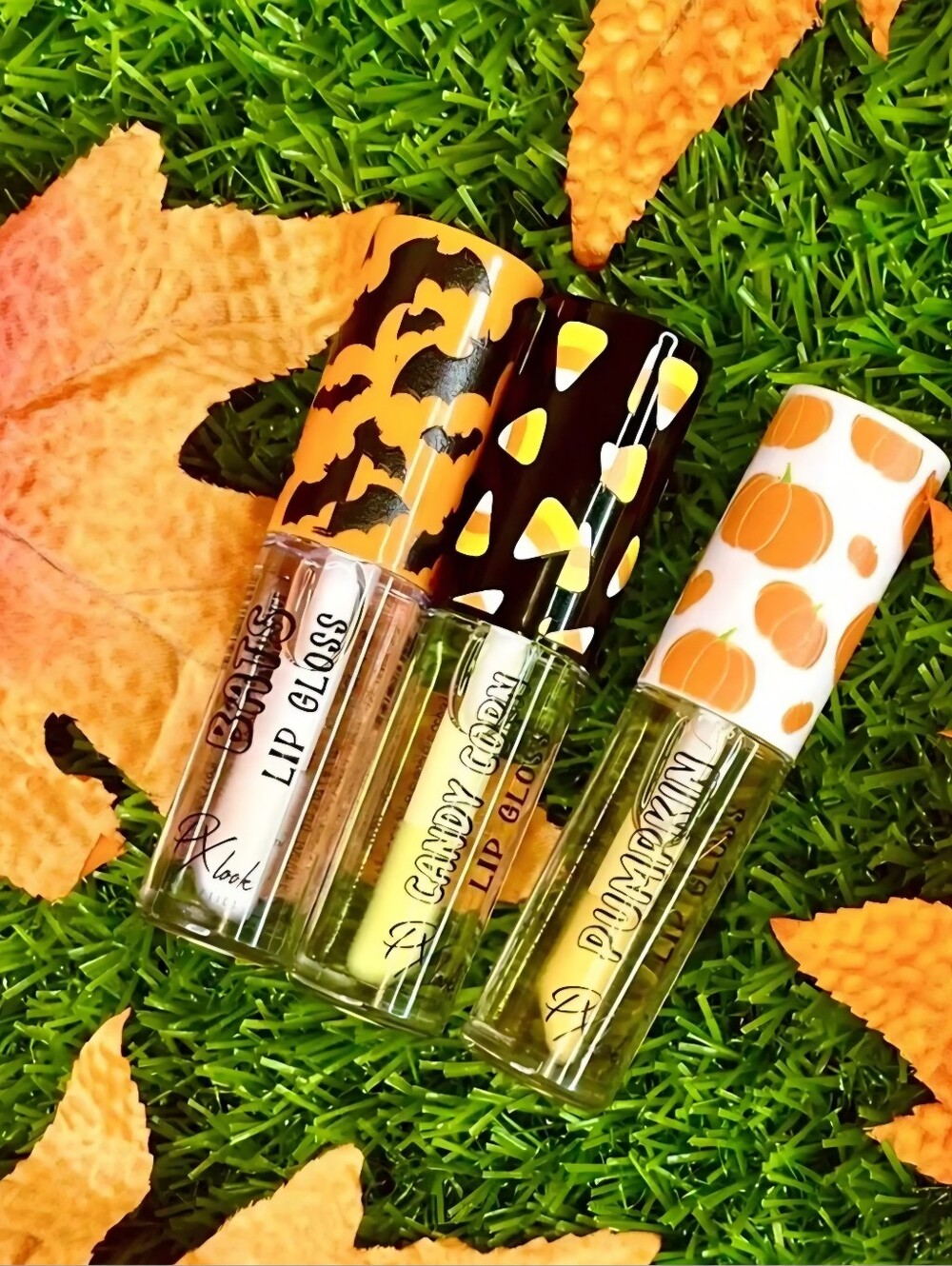 Autumn Halloween Lip Gloss Set – Pumpkin, Candy Corn & Bats Set Of 3